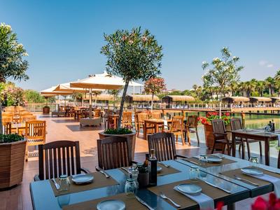 Terras van een restaurant aan het water met tafels, stoelen, parasols en planten bij heldere hemel.