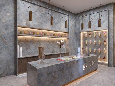 Nowoczesna lobby hotelowa z szarymi kamiennymi ścianami, oświetlonymi półkami i recepcją.