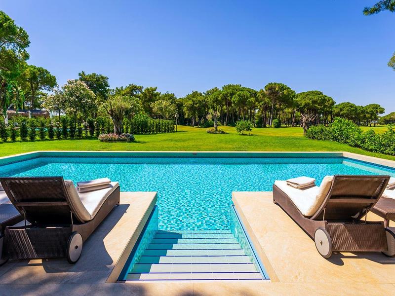 Blick auf einen Pool mit Stufen und zwei Liegestühlen, umgeben von Rasen und Bäumen unter klarem Himmel.