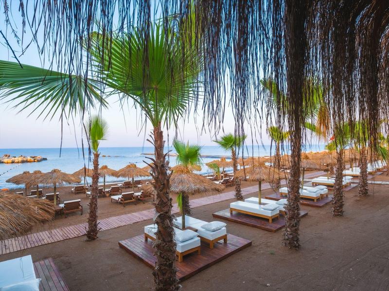 Strand mit Palmen, Sonnenliegen und Strohdächern, friedliche Atmosphäre bei klarem Himmel.