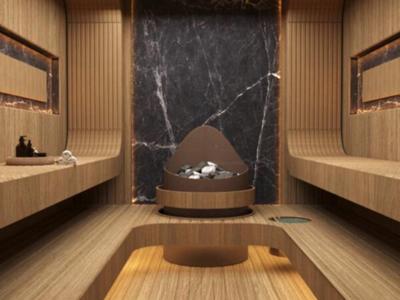 Salle de sauna moderne avec murs en bois, poêle en pierre central et ambiance relaxante