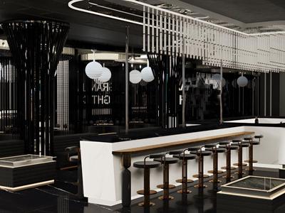 Interno moderno di bar d'hotel con banconi bianchi e sgabelli marroni su pavimento nero.