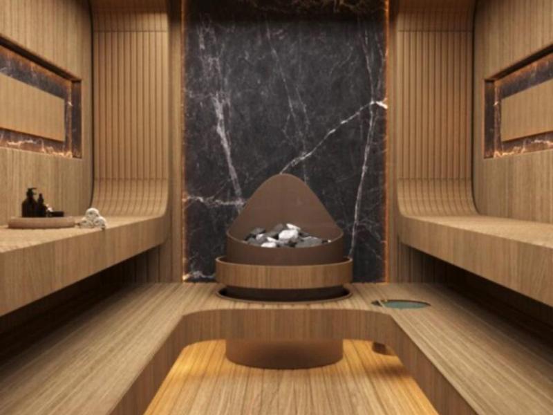 Salle de sauna moderne avec murs en bois, poêle en pierre central et ambiance relaxante