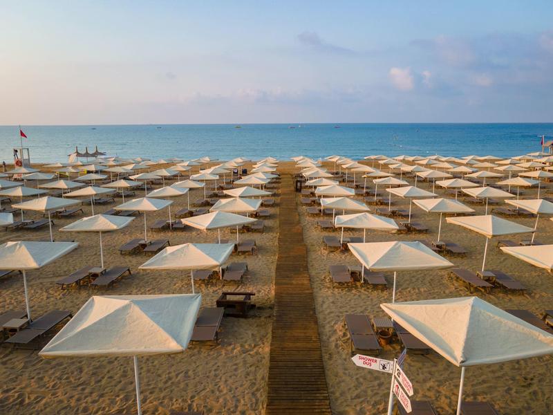 Fila di ombrelloni bianchi e lettini su una spiaggia sabbiosa tranquilla con vista sul mare.