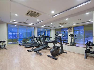 Moderne fitnessruimte met loopbanden, fietsen en halters voor grote ramen.