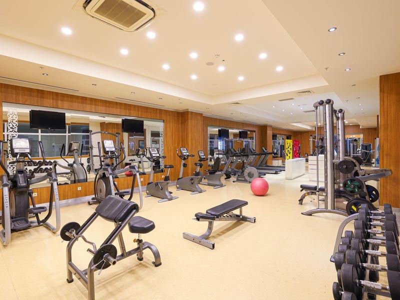 Gimnasio con equipos modernos y pesas en un hotel con revestimiento de madera y luz brillante.