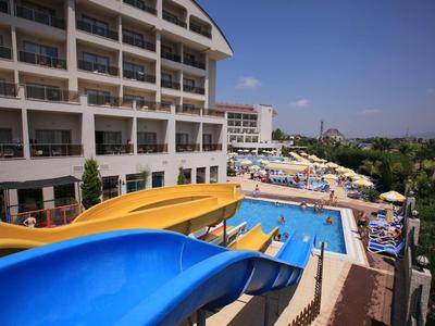 Ein großes Hotel mit Außenpool, mehreren Wasserrutschen und Liegestühlen unter blauem Himmel.