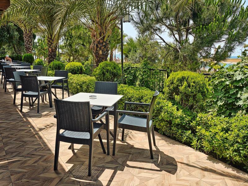 Espace extérieur avec tables et chaises le long d'un chemin, entouré de plantes vertes et de palmiers.