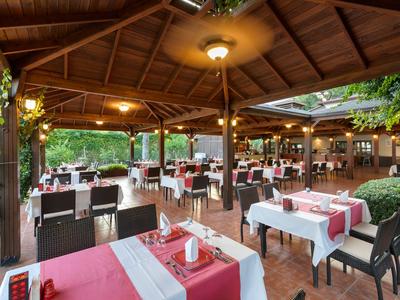 Großer, überdachter Außenbereich eines Restaurants mit gedeckten Tischen und Holzdach.