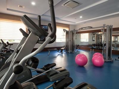 Moderne fitnessruimte met loopbanden, roze fitnessballen en wandspiegels.