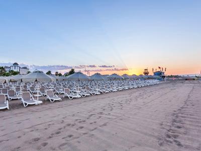 Lege strandstoelen op een rij gericht naar de zonsondergang op een zandstrand onder een heldere lucht.