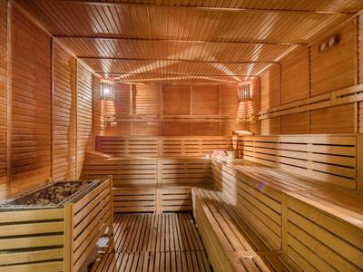 Interno di una sauna finlandese in legno con panche a gradini e stufa per sauna.