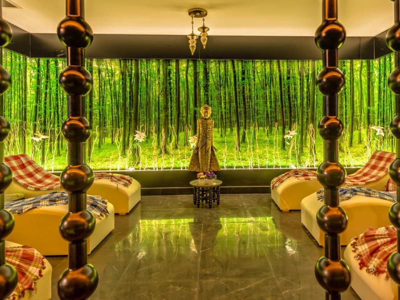 Przytulny salon z wygodnymi kanapami i jasną zieloną dekoracją bambusową.