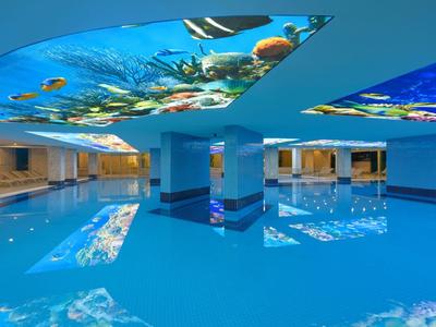 Gran piscina interior con agua azul y techo con motivo submarino en hotel