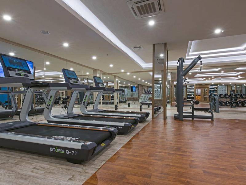 Gimnasio moderno con cintas de correr y equipos de musculación sobre suelo de madera.