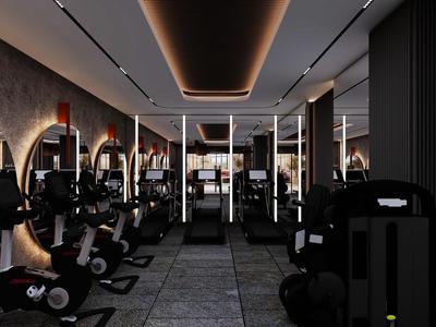 Palestra moderna con pesi, specchi e illuminazione soffusa in un design scuro.