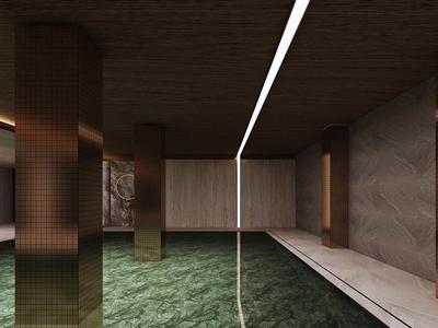 Corridoio di hotel moderno con moquette verde, colonne scure e decorazioni in legno caldo.