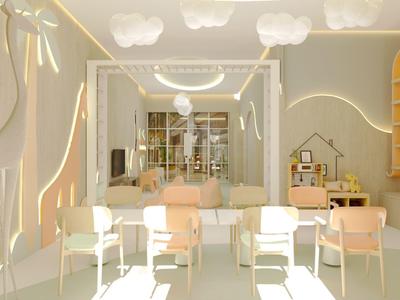 Modern, helder hotelinterieur met gezellige zithoeken en decoratieve wandinstallaties.