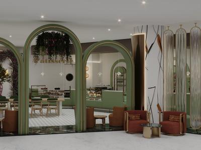 Area lounge moderna di un hotel con archi verdi, piante e comode sedute.