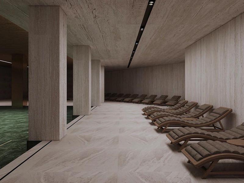 Moderne wellnessruimte met ligstoelen en zwembad in warme natuurlijke tinten.