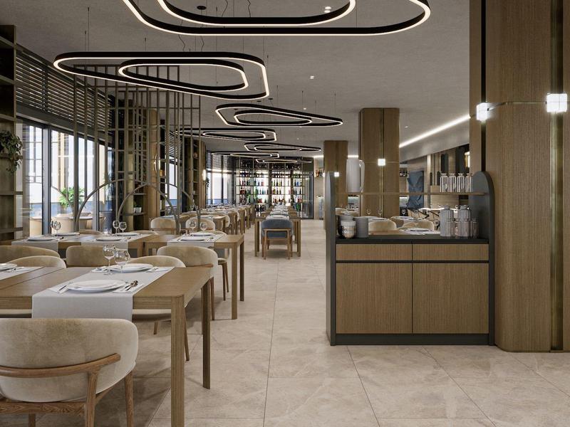 Licht, modern restaurant met houten meubels en grote ramen.