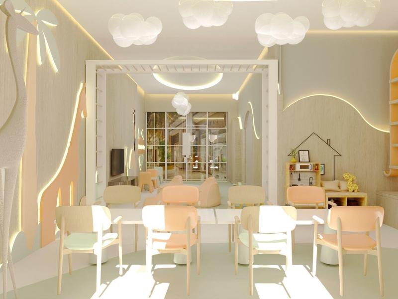 Modern, helder hotelinterieur met gezellige zithoeken en decoratieve wandinstallaties.