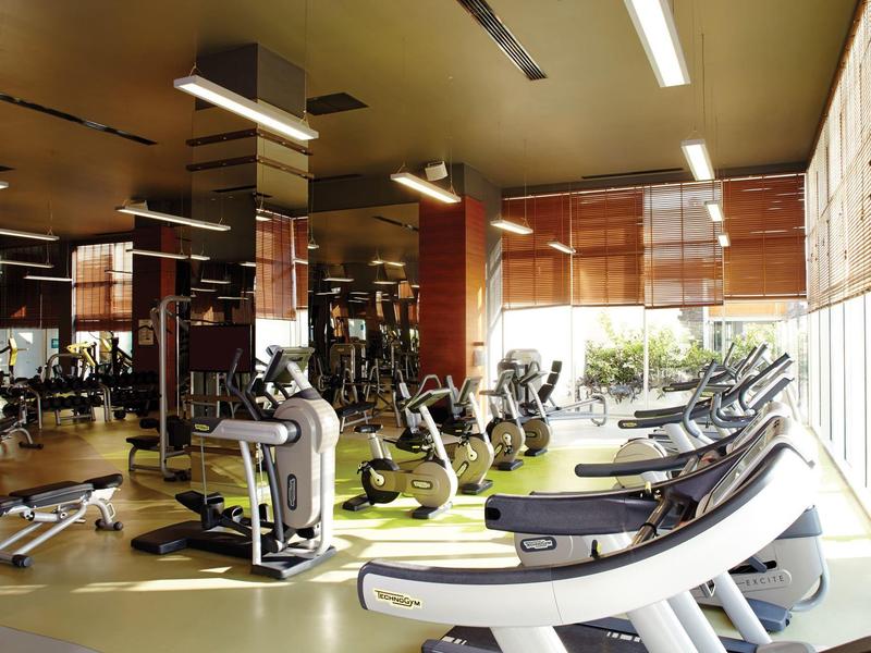 Gimnasio bien iluminado con equipos modernos y grandes ventanas que dejan entrar luz natural.
