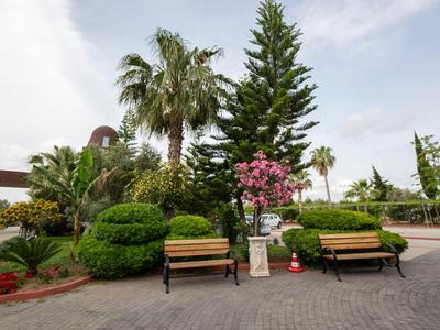 Parco con panchine, alberi fioriti e palme in un giardino di un hotel
