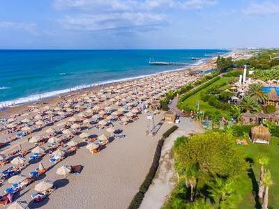 Langer Sandstrand mit Reihen von Sonnenschirmen, blauem Meer und grüner Vegetation am Rand.