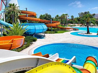 Wasserpark mit bunten Wasserrutschen und Pools unter klarem blauem Himmel, umgeben von Grünflächen.