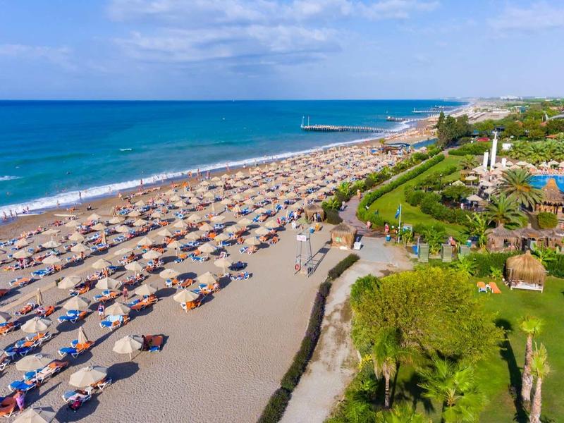 Breed zandstrand met rijen parasols en hotels op de achtergrond onder een heldere lucht.