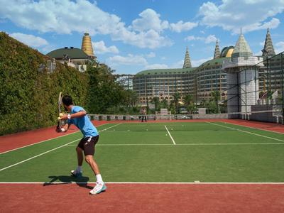 Mann spielt Tennis auf Außenplatz mit rotem Rand und grünem Spielfeld bei blauem Himmel.