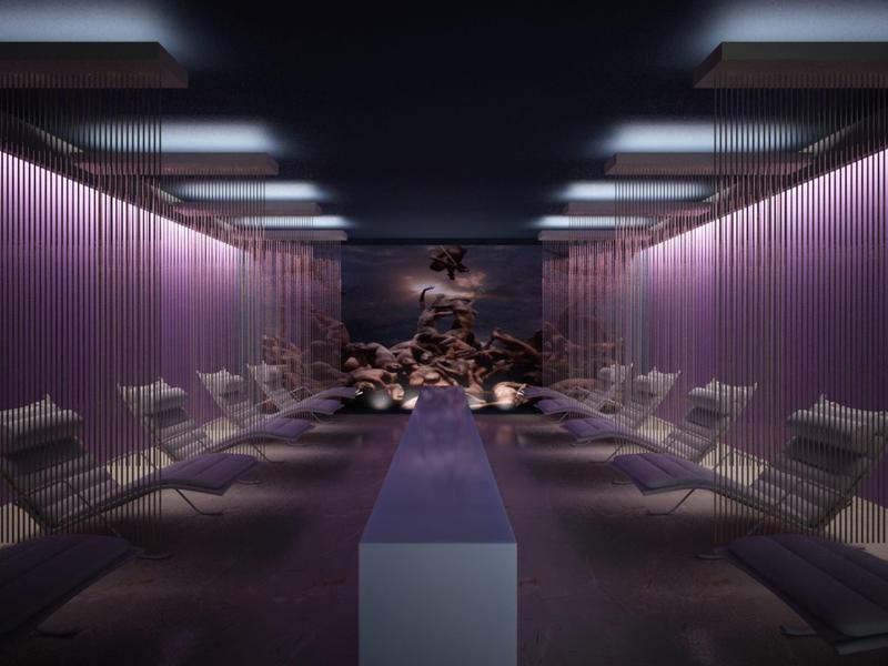 Tmavá, moderní spa místnost s lehátky, fialovým osvětlením a centrálním vodním prvkem.