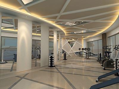 Großer, moderner Fitnessraum mit hellen Säulen, Spiegeln und Kraftgeräten in offener Raumgestaltung.