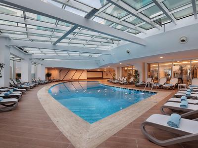 Innenraum mit großem, rechteckigem Schwimmbecken, Sonnenliegen und Glasdach für Tageslicht.