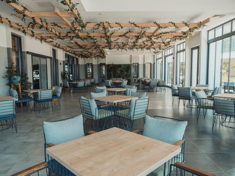 Licht, modern restaurant met houten tafels, blauwe stoelen en grote ramen die natuurlijk licht binnenlaten.