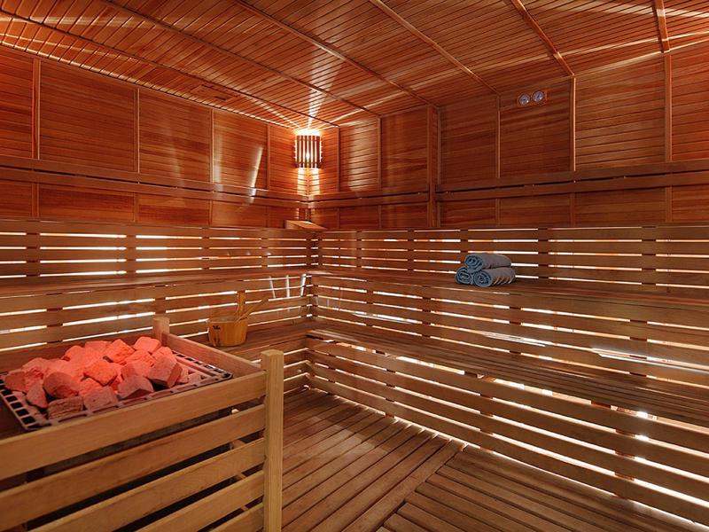 Interieur van een sauna met houten wanden, banken en verhitte stenen in de kachel.