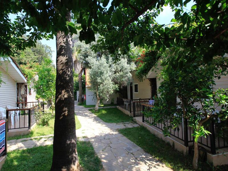 Cesta mezi rekreačními domy lemovaná stromy s oplocenými terasami a posezením.