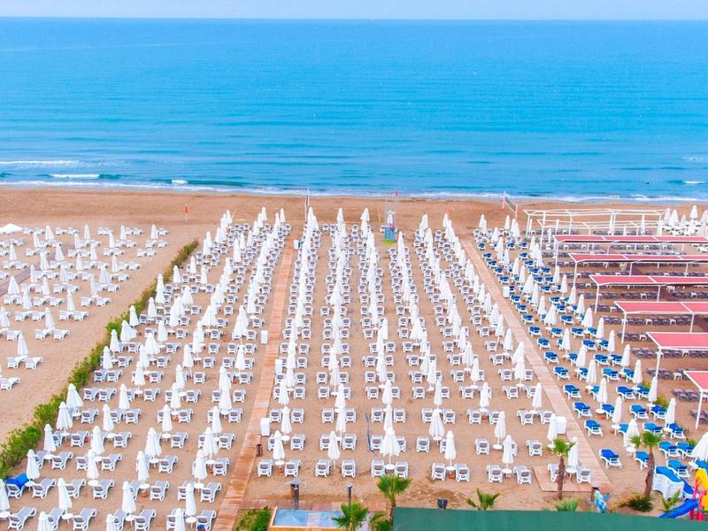 Vue d'une plage de sable animée avec des rangées de parasols blancs et la mer bleue en arrière-plan.