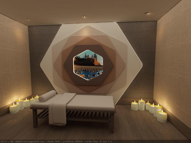 Klidná masážní místnost s lehátkem a svíčkami, akcentní stěna s kulatým oknem.