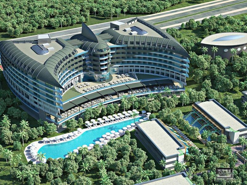 Moderní hotel s zakřiveným designem, velkým bazénem a okolním lesem.