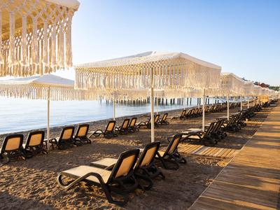 Rangée de chaises longues sous de grands parasols blancs sur la plage de sable sous un ciel clair.