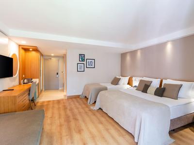 Chambre d'hôtel lumineuse avec deux lits simples, sol en bois et télévision moderne au mur.