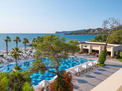 Vue d'une piscine d'hôtel avec des palmiers, des bains de soleil et la mer en arrière-plan par une journée ensoleillée.