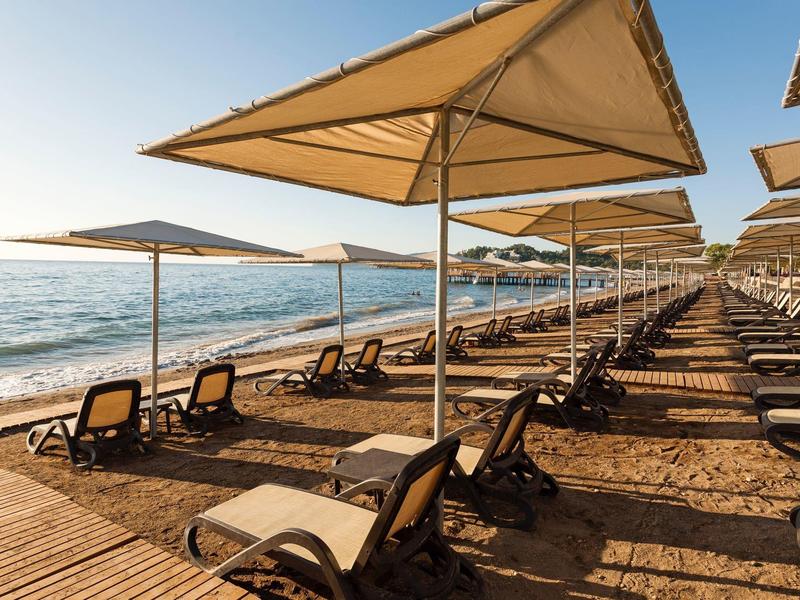 Plage de sable avec rangée de parasols et transats face à la mer sous ciel clair.