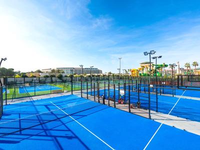 Großer blauer Tennisplatz mit Netz, umgeben von einem schwarzen Zaun unter klarem Himmel.