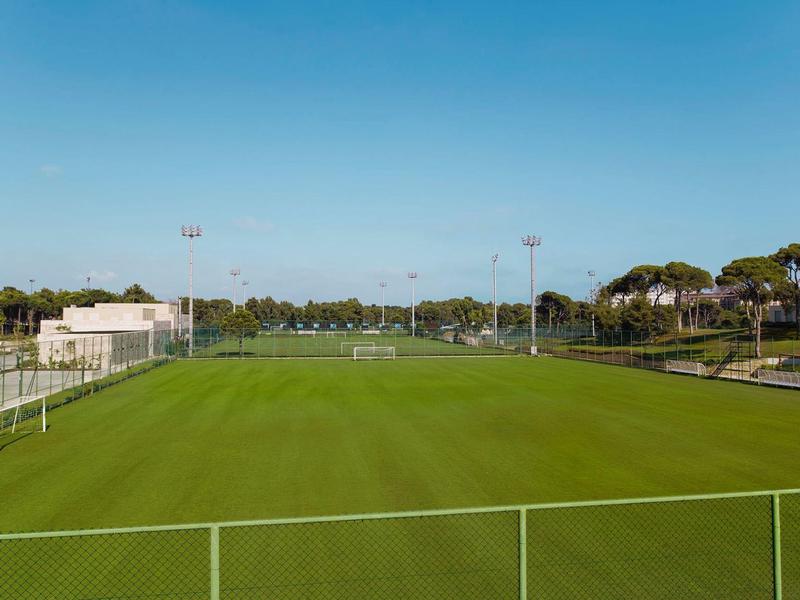 Breed uitzicht op een groen voetbalveld met doelen en omheining onder een heldere lucht.