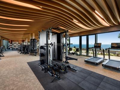 Palestra moderna con attrezzature per allenamento e finestre panoramiche con vista sul paesaggio.