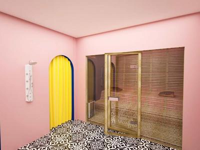 Innenraum mit rosa Wänden, gemustertem Schwarz-Weiß-Boden, gelber Tür und Glaswand mit Holzrahmen.