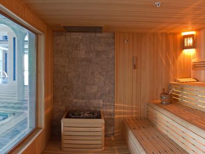 Wnętrze sauny z drewnianymi ławkami i widokiem na basen przez okno.